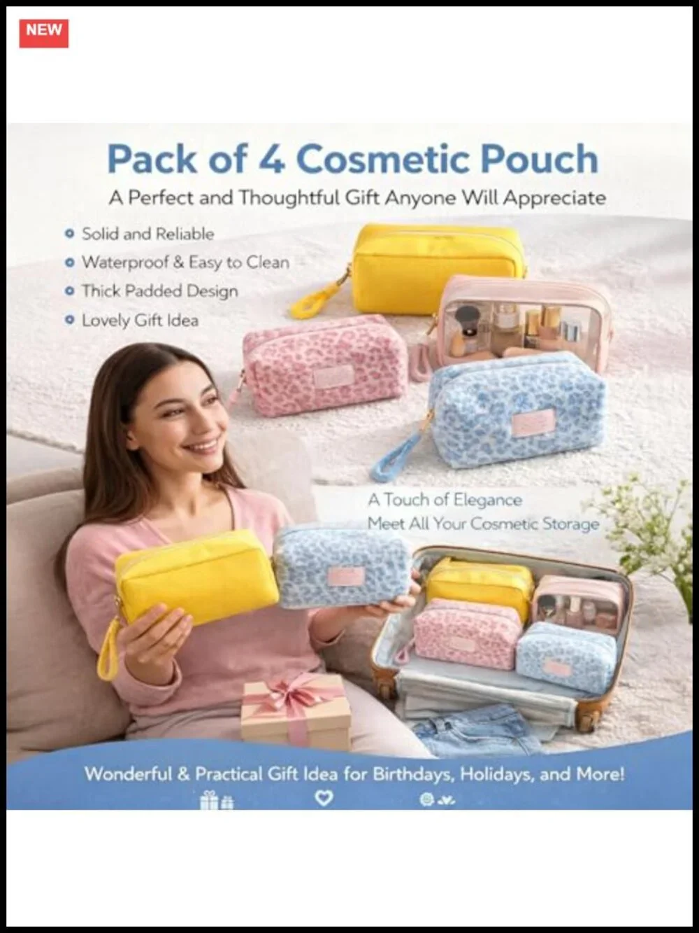 2 Pack Plush Leopard Makeup Bag Set, Faux Fur Cosmetic Bags, Waterproof, Travel